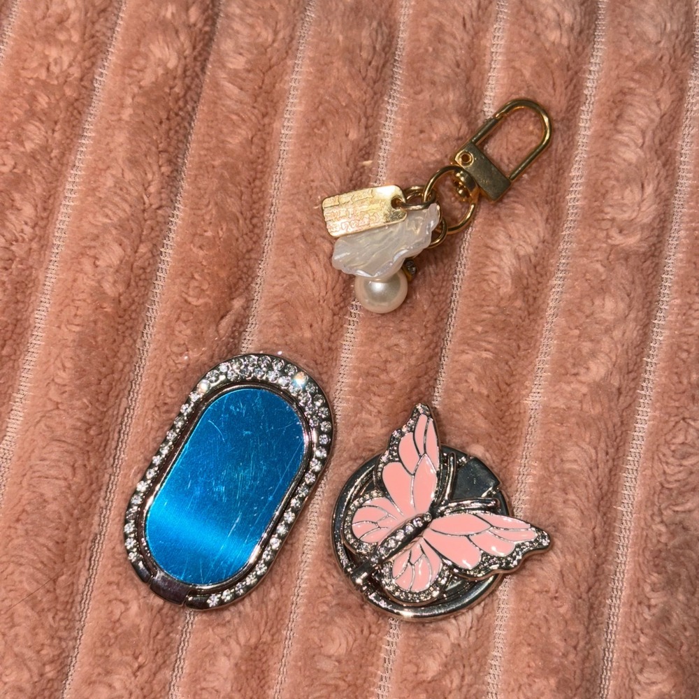 Phone Accessory Bundle Butterfly Socket Rhinestone Ring Stand and Pearl Charm
